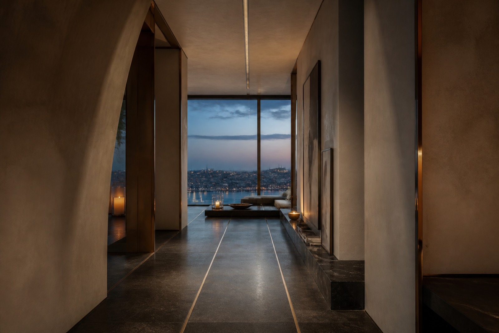 Long interior axis marked by window light and floor inlay