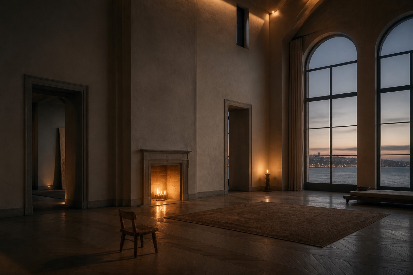 A single chair in a vast high-ceiling living hall