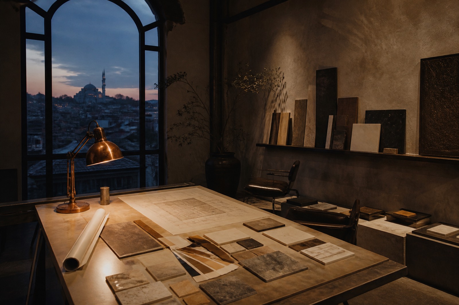 Istanbul studio at dusk, drafting table and copper lamp